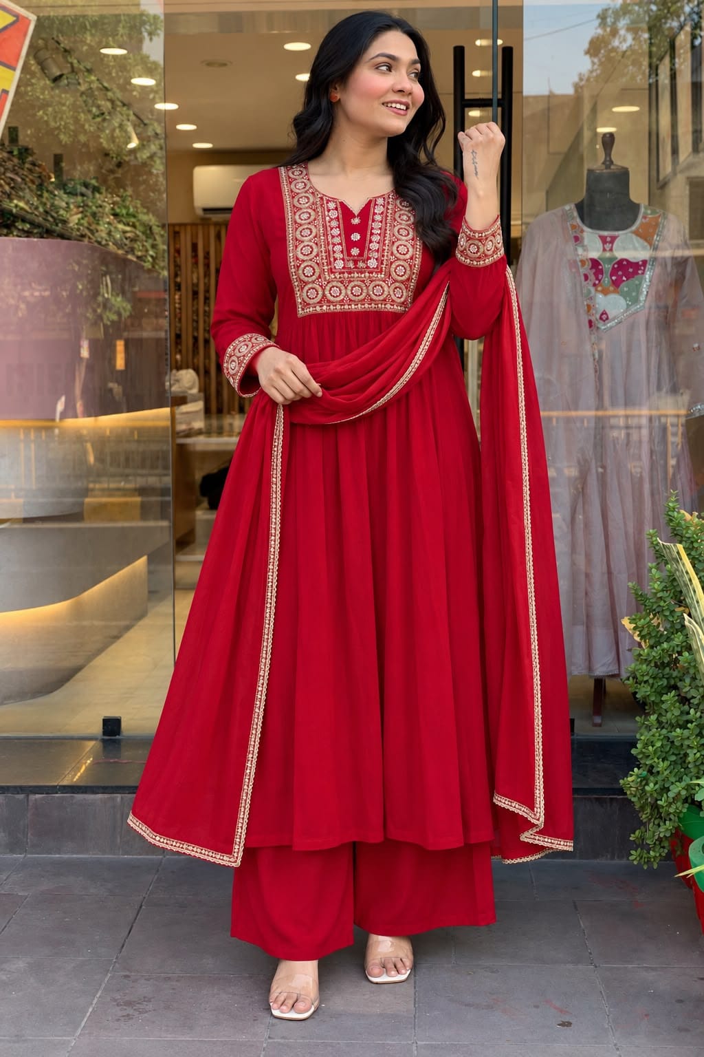 Jewel Tone Mul Chanderi Embroidered Flared Anarkali Suit Set