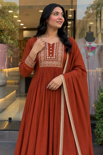 Jewel-Tone Mul Chanderi Embroidered Flared Anarkali Suit Set