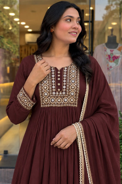 Jewel Tone Mul Chanderi Embroidered Flared Anarkali Suit Set