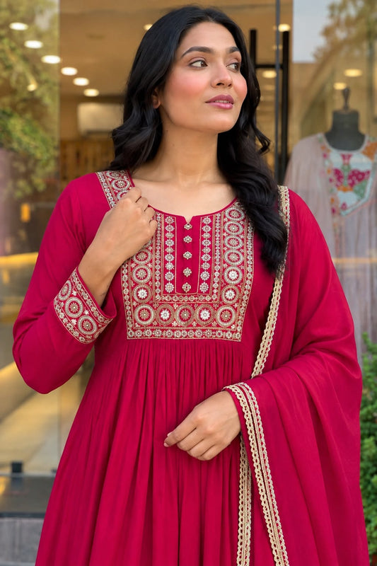 Jewel Tone Mul Chanderi Embroidered Flared Anarkali Suit Set