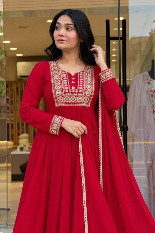 Jewel Tone Mul Chanderi Embroidered Flared Anarkali Suit Set