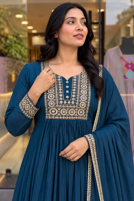 Jewel Tone Mul Chanderi Embroidered Flared Anarkali Suit Set