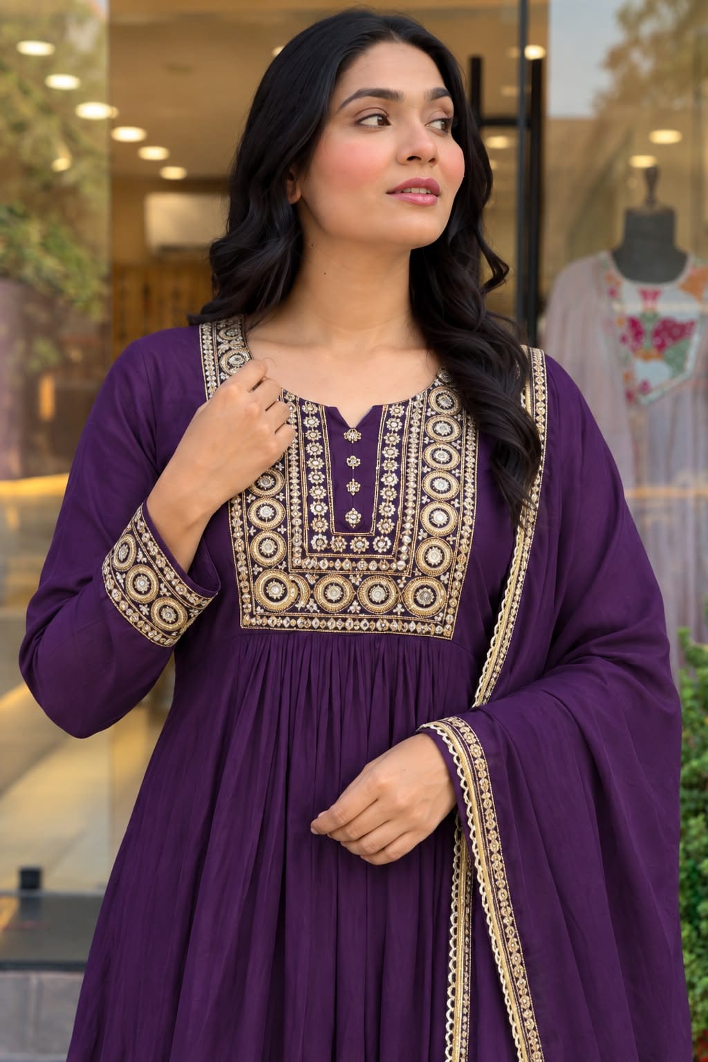 Jewel Tone Mul Chanderi Embroidered Flared Anarkali Suit Set