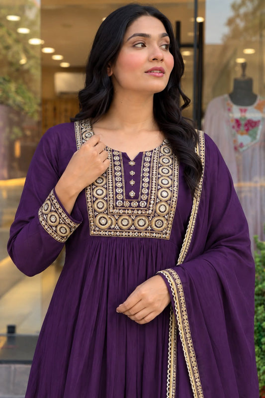 Jewel Tone Mul Chanderi Embroidered Flared Anarkali Suit Set