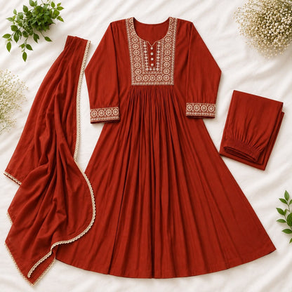 Jewel-Tone Mul Chanderi Embroidered Flared Anarkali Suit Set