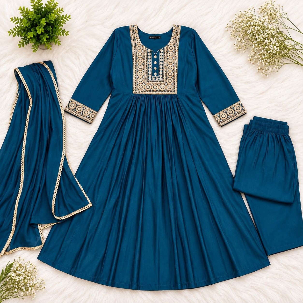 Jewel Tone Mul Chanderi Embroidered Flared Anarkali Suit Set