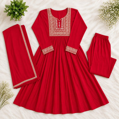 Jewel Tone Mul Chanderi Embroidered Flared Anarkali Suit Set