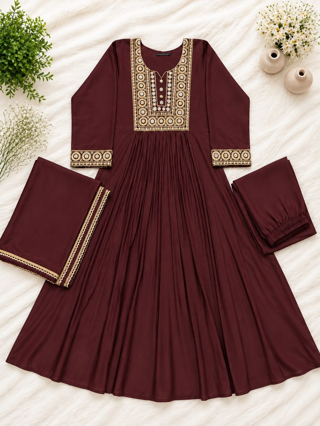 Jewel Tone Mul Chanderi Embroidered Flared Anarkali Suit Set