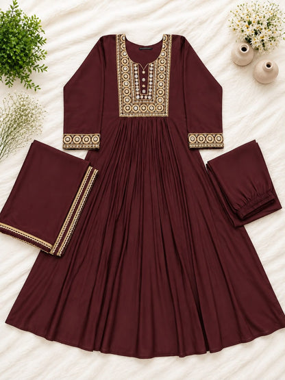 Jewel Tone Mul Chanderi Embroidered Flared Anarkali Suit Set