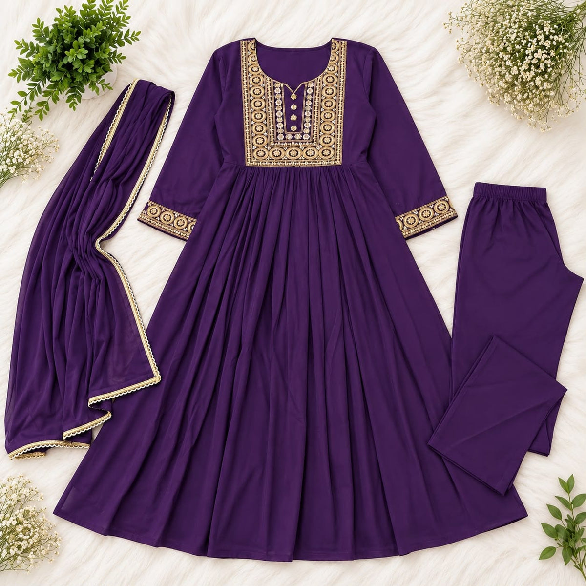 Jewel Tone Mul Chanderi Embroidered Flared Anarkali Suit Set