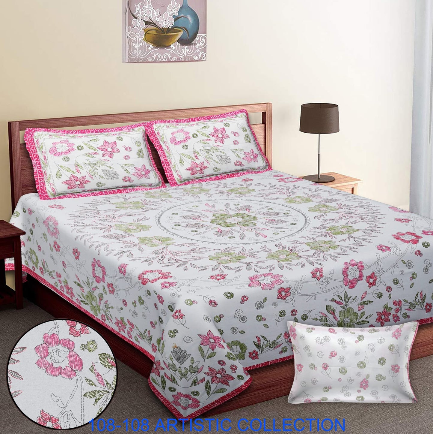 Jumbo Cotton Autoloom Bedsheet with 2 Zipper Pillow Covers – 108x108 Inches