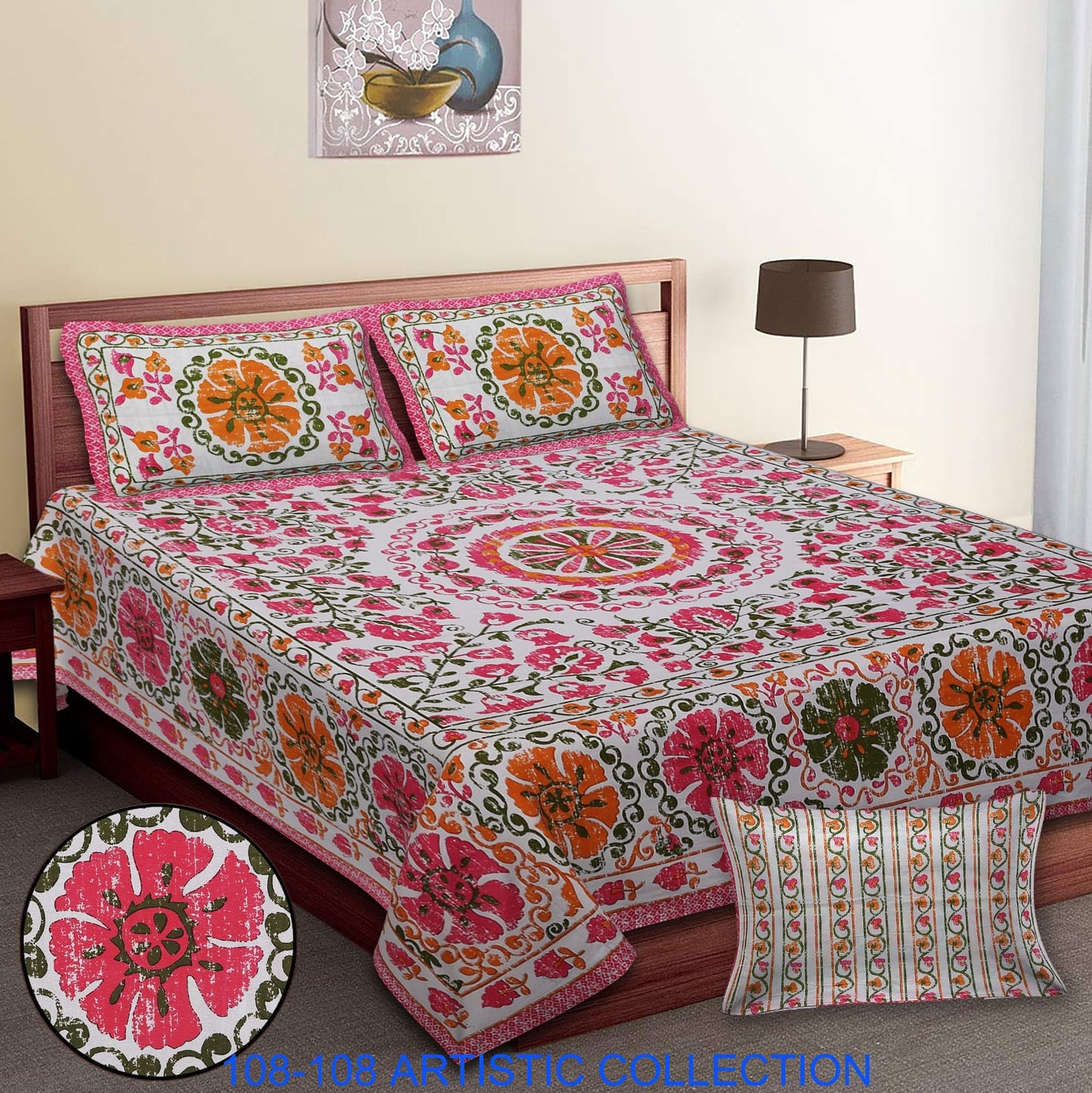 Jumbo Cotton Autoloom Bedsheet with 2 Zipper Pillow Covers – 108x108 Inches