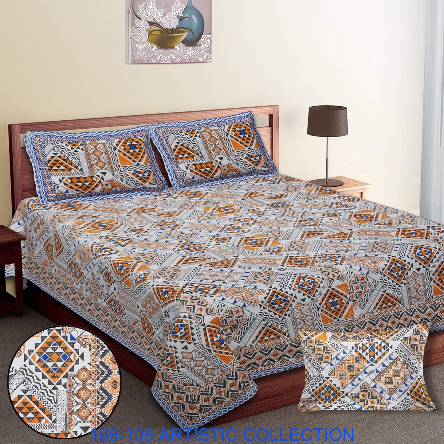 Jumbo Cotton Autoloom Bedsheet with 2 Zipper Pillow Covers – 108x108 Inches