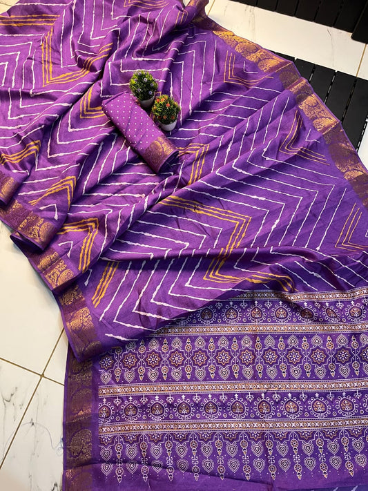 Kalamkari Saree with Golden Zari Border and Contrast Blouse