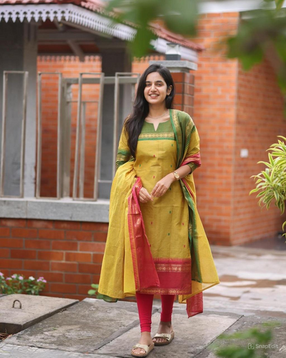 Kanchi Cotton Suit Set with South Indian Cultural Prints and Zari Work