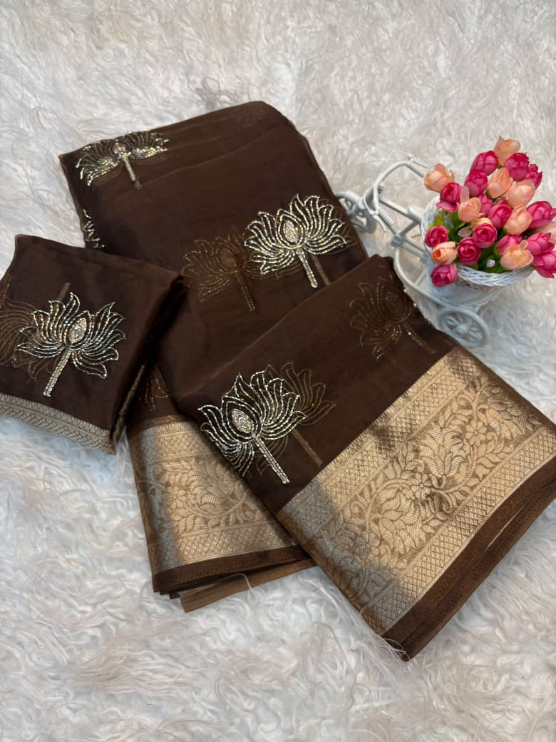 Kanchipuram Golden Organza Tissue Saree with Jacquard Border & Lotus Beads Work