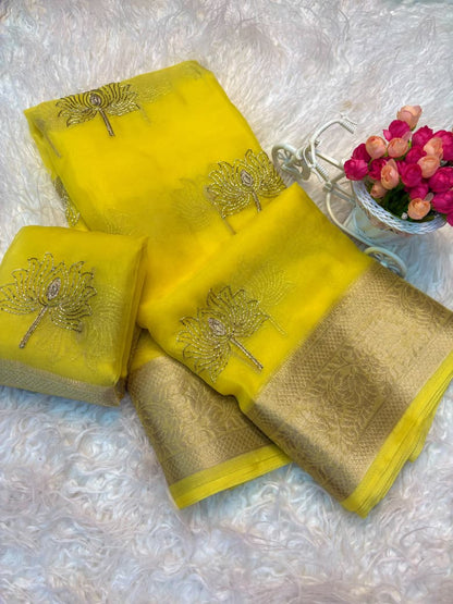 Kanchipuram Golden Organza Tissue Saree with Jacquard Border & Lotus Beads Work
