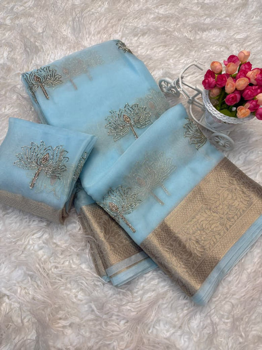 Kanchipuram Golden Organza Tissue Saree with Jacquard Border & Lotus Beads Work