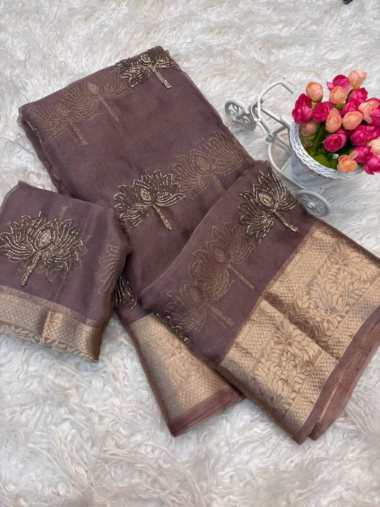 Kanchipuram Golden Organza Tissue Saree with Jacquard Border & Lotus Beads Work