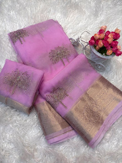 Kanchipuram Golden Organza Tissue Saree with Jacquard Border & Lotus Beads Work