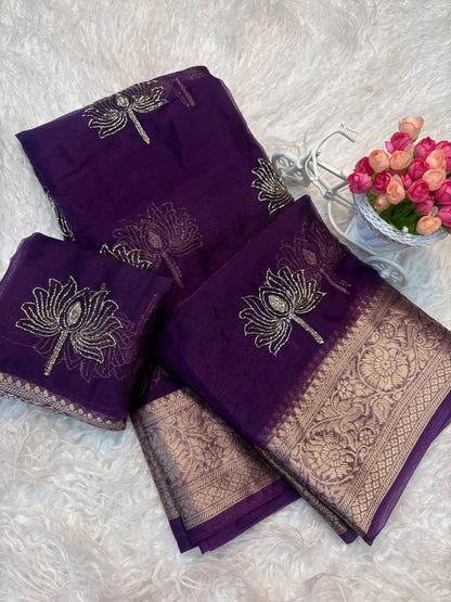 Kanchipuram Golden Organza Tissue Saree with Jacquard Border & Lotus Beads Work