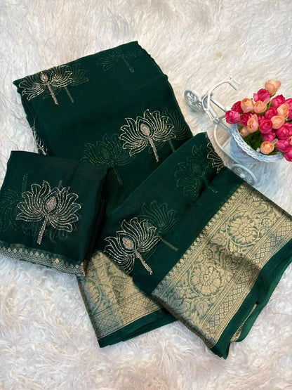 Kanchipuram Golden Organza Tissue Saree with Jacquard Border & Lotus Beads Work