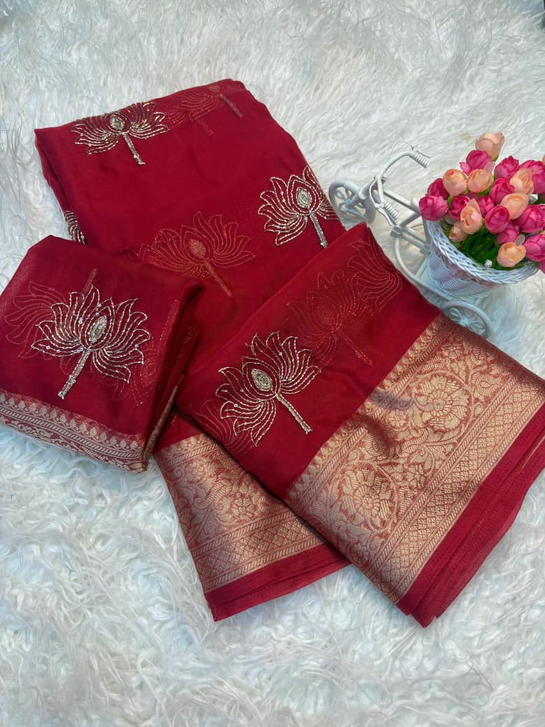 Kanchipuram Golden Organza Tissue Saree with Jacquard Border & Lotus Beads Work