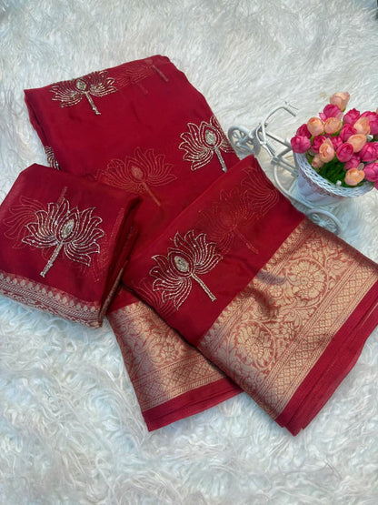 Kanchipuram Golden Organza Tissue Saree with Jacquard Border & Lotus Beads Work