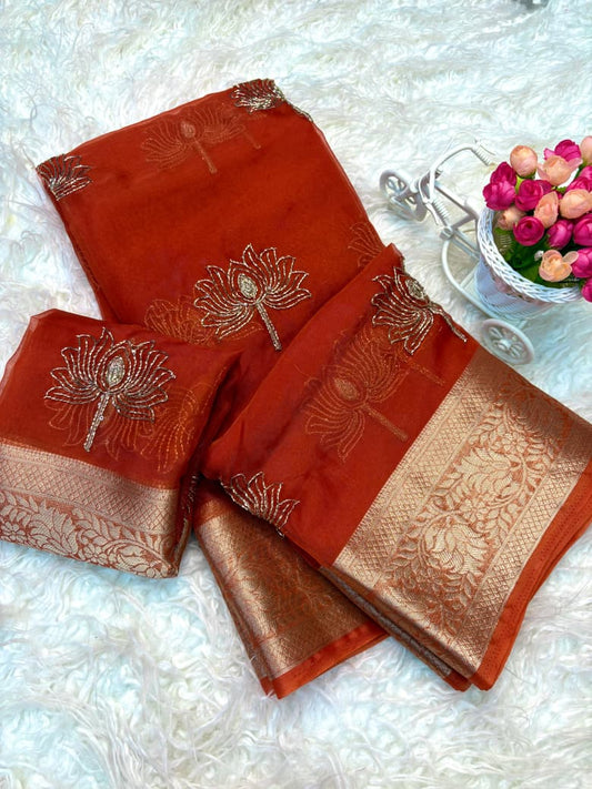 Kanchipuram Golden Organza Tissue Saree with Jacquard Border & Lotus Beads Work