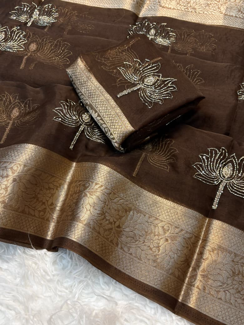 Kanchipuram Golden Organza Tissue Saree with Jacquard Border & Lotus Beads Work