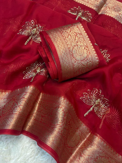 Kanchipuram Golden Organza Tissue Saree with Jacquard Border & Lotus Beads Work