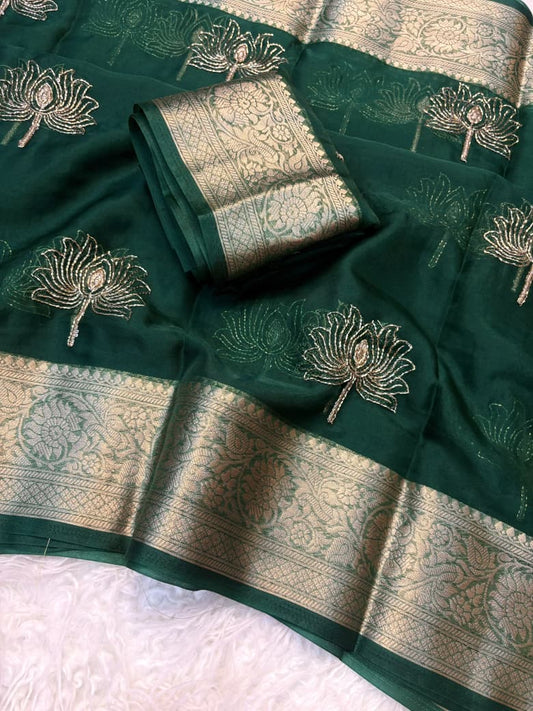 Kanchipuram Golden Organza Tissue Saree with Jacquard Border & Lotus Beads Work