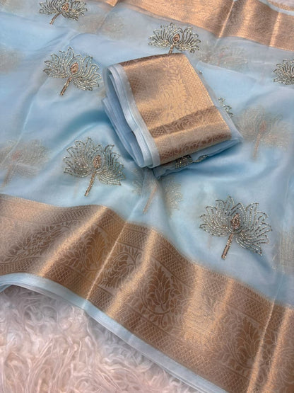 Kanchipuram Golden Organza Tissue Saree with Jacquard Border & Lotus Beads Work