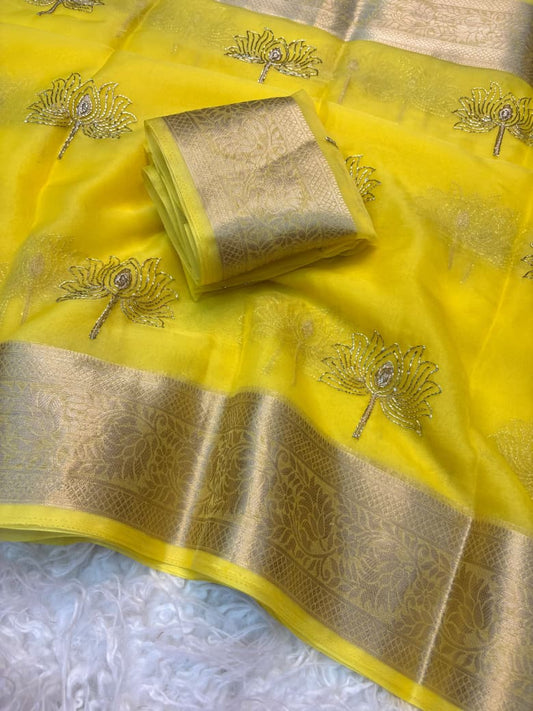 Kanchipuram Golden Organza Tissue Saree with Jacquard Border & Lotus Beads Work