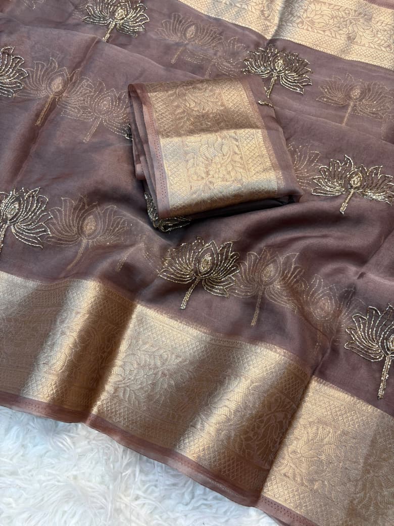 Kanchipuram Golden Organza Tissue Saree with Jacquard Border & Lotus Beads Work