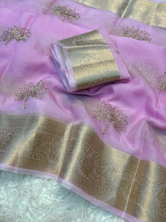 Kanchipuram Golden Organza Tissue Saree with Jacquard Border & Lotus Beads Work