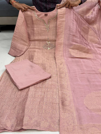 Kanjivaram Glass Tissue Suit Set with Jacquard Dupatta