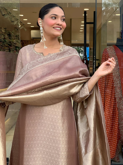 Kanjivaram Glass Tissue Suit Set with Jacquard Dupatta