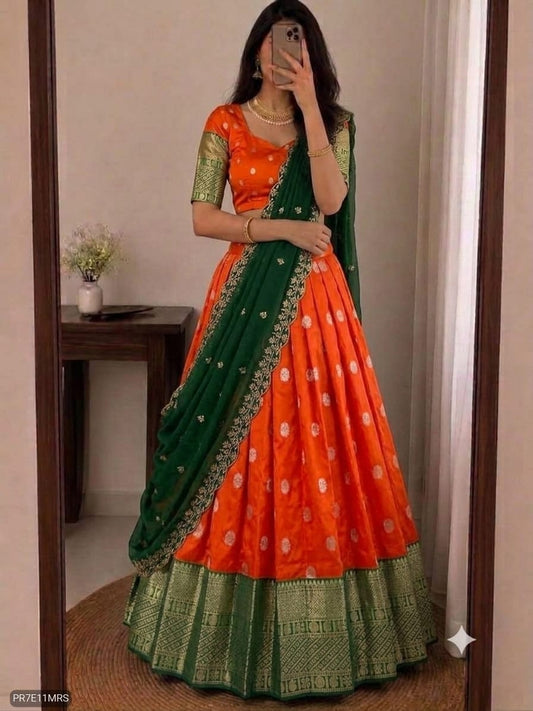 Kanjivaram Silk Lehenga Choli Set with Zari Weaving & Georgette Dupatta