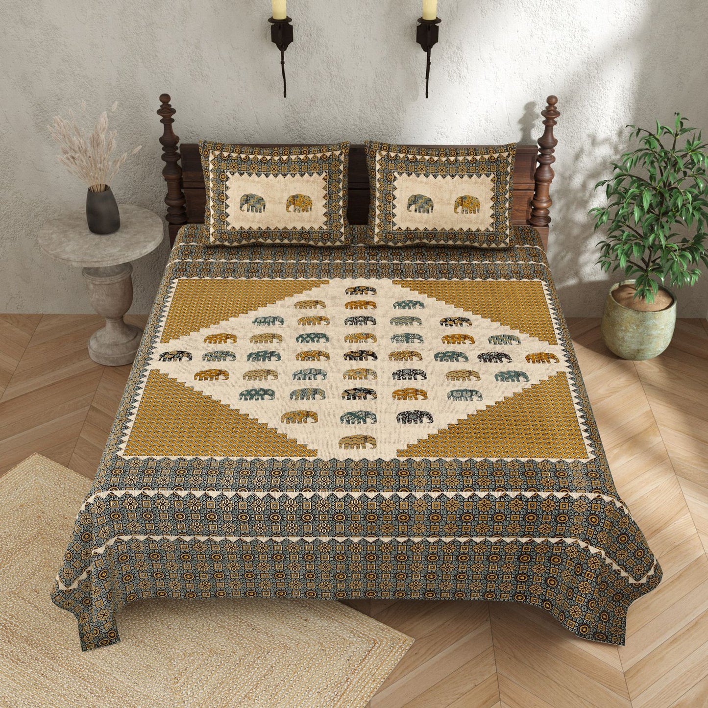 KASHISH 100×108 Cotton King Size Bedsheet with 2 Pillow Covers
