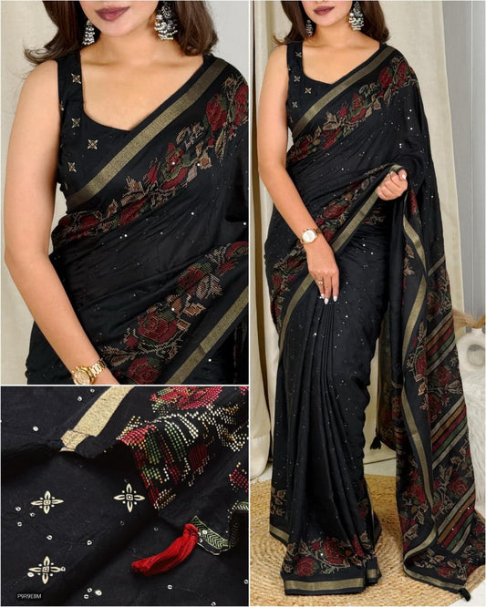Kashmiri Printed Mul Cotton Saree with Zaal Thread Work & Jacquard Border