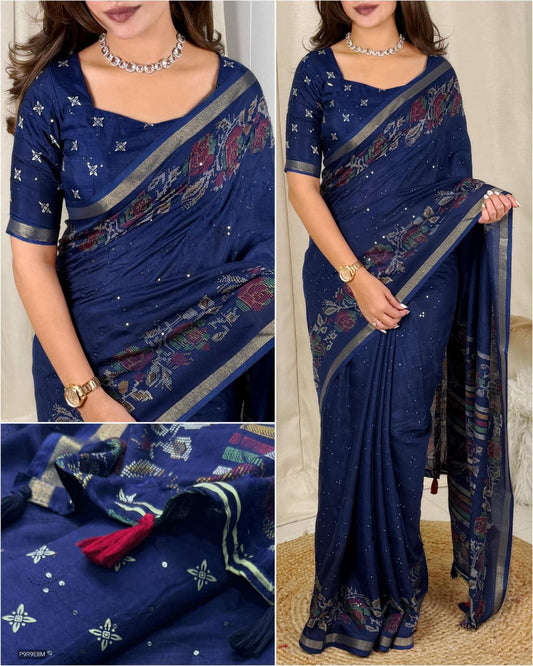 Kashmiri Printed Mul Cotton Saree with Zaal Thread Work & Jacquard Border