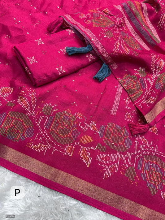 Kashmiri Printed Mul Cotton Saree with Zaal Thread Work & Jacquard Border