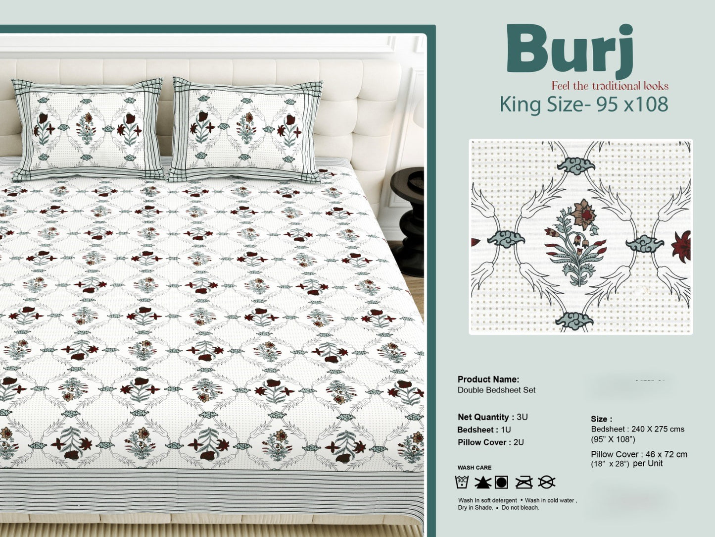 King Size Cotton-Viscose Blend Bedsheet with 2 Pillow Covers