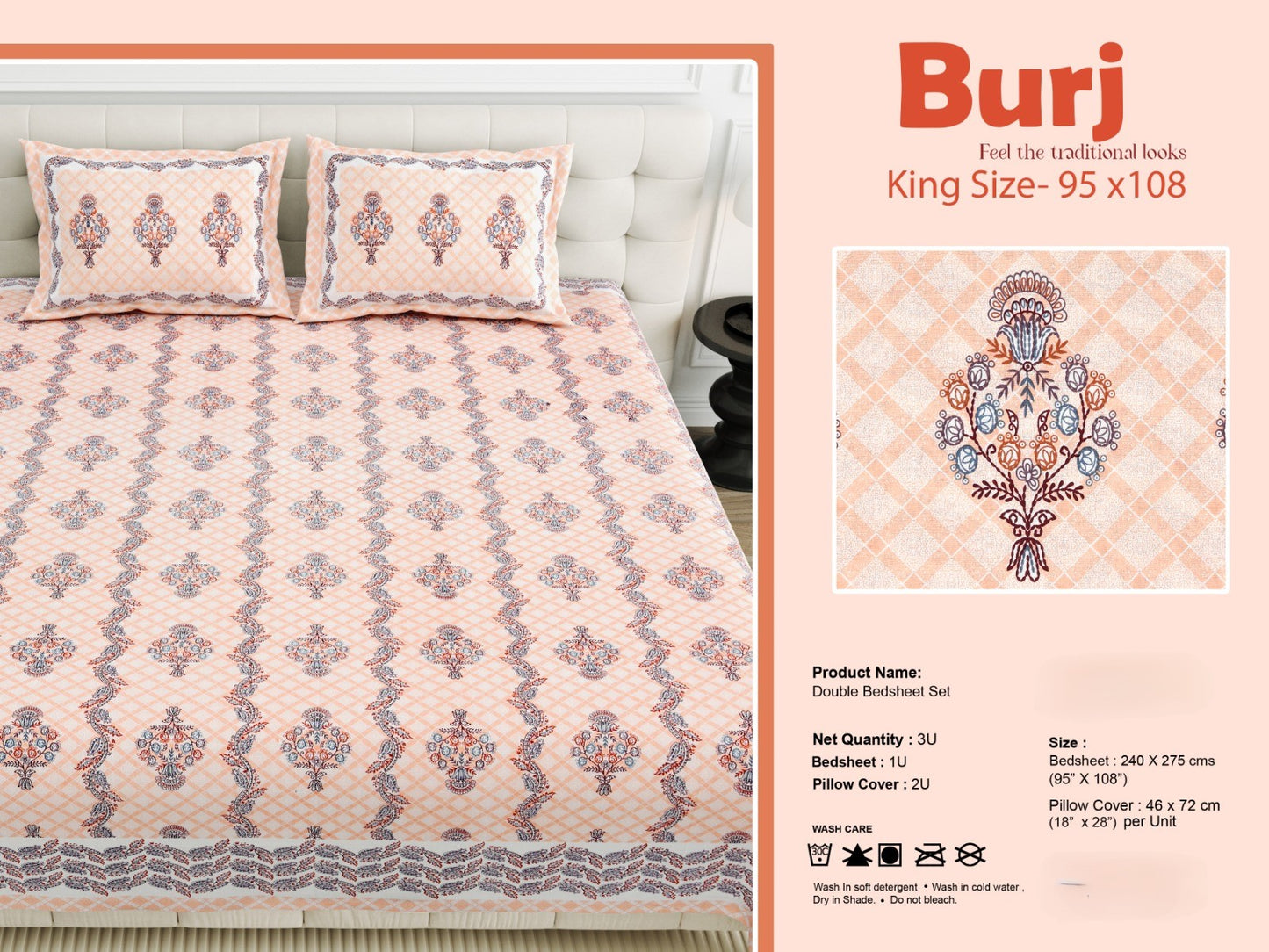 King Size Cotton-Viscose Blend Bedsheet with 2 Pillow Covers