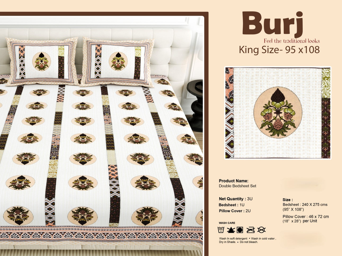 King Size Cotton-Viscose Blend Bedsheet with 2 Pillow Covers