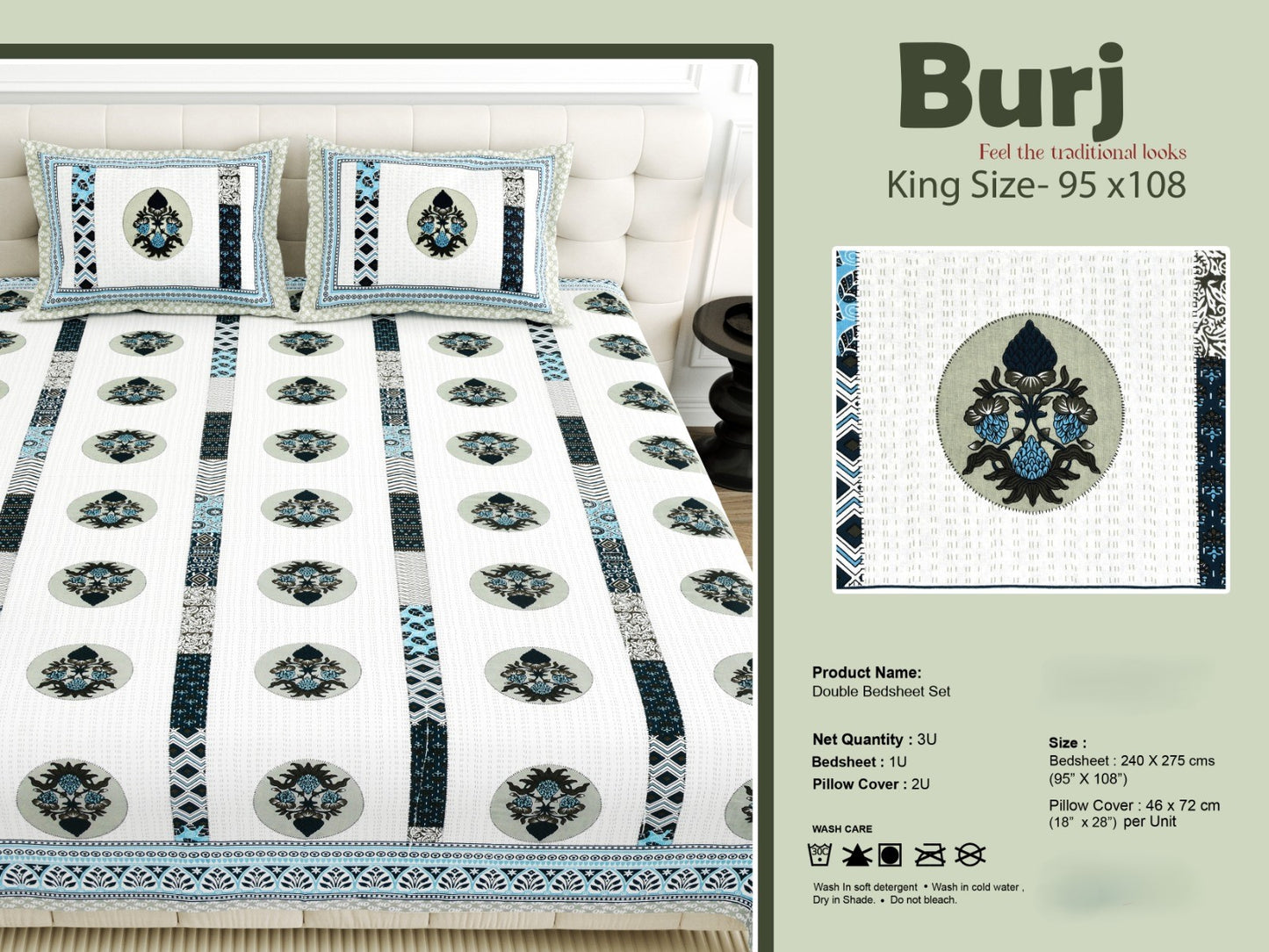 King Size Cotton-Viscose Blend Bedsheet with 2 Pillow Covers