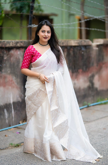 Kota Doria Saree with Zari Banarasi Border & Bandhani Blouse
