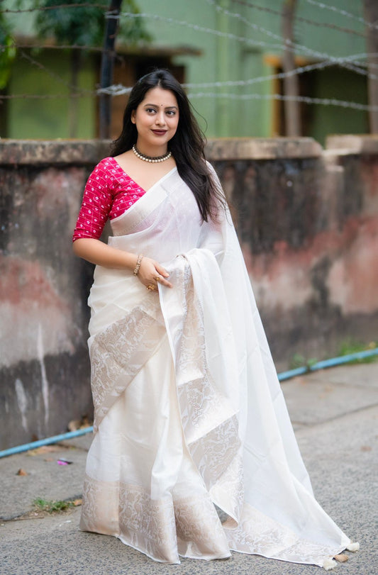 Kota Doria Saree with Zari Banarasi Border & Bandhani Blouse