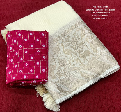 Kota Doria Saree with Zari Banarasi Border & Bandhani Blouse